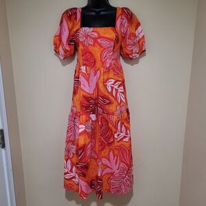 Crystal Sky fruit brush pink floral tiered puff sleeve midi dress prarie women s